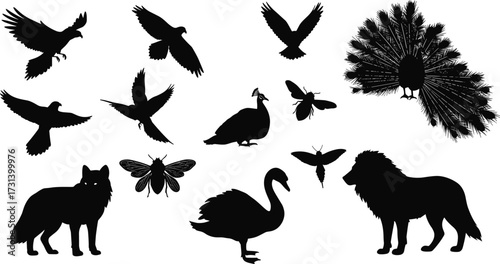 Wild animal and bird silhouette set with flying birds, peacock, swan, lion, wolf, insects, nature vector illustration