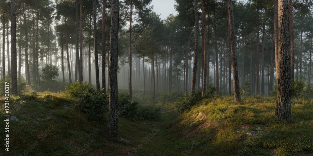 Fototapeta premium Misty forest exploration nature hdr panorama serene environment early morning