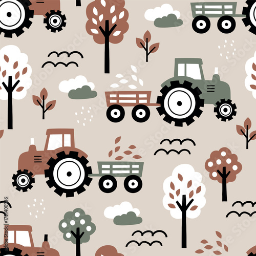 Seamless vector pattern with hand drawn cute tractors. Perfect for textile, wallpaper or nursery print design. EPS10 vector file.