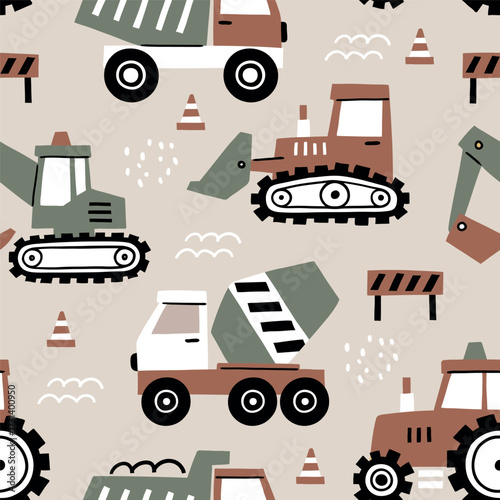 Seamless vector pattern cute construction trucks. Hand drawn design for boys with tiny cars. Perfect for textile, wallpaper or nursery print design. EPS10 vector file.