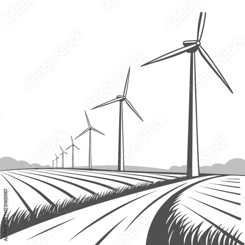 A row of wind turbines stand tall in a cultivated field under a bright sky representing renewable energy