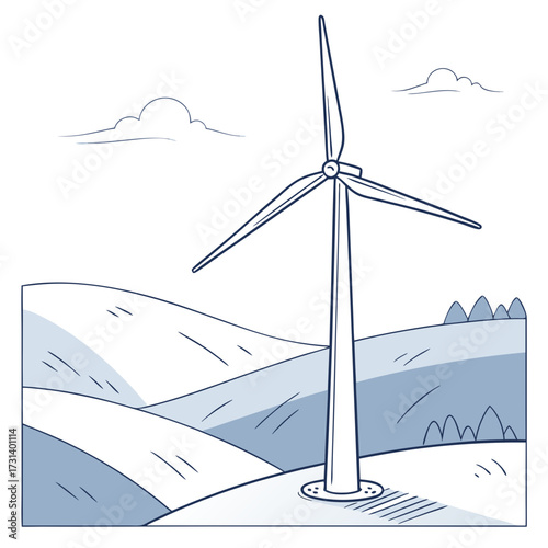 Stylized illustration of a single wind turbine standing tall on rolling hills under a cloudy sky