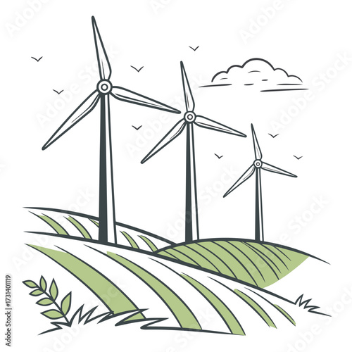 Stylized illustration of three wind turbines generating clean energy in a green rolling landscape with birds flying