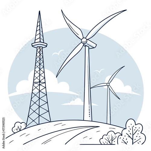 Stylized illustration of wind turbines and a communication tower on a grassy hill under a cloudy sky