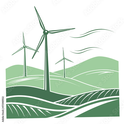 Stylized illustration of wind turbines generating clean energy in a green agricultural landscape with rolling hills