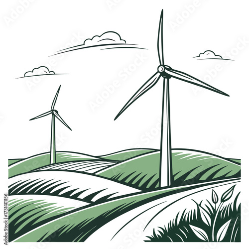 Stylized illustration of wind turbines generating clean energy in a green rolling landscape under a cloudy sky