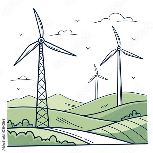 Stylized illustration of wind turbines generating clean energy on rolling green hills under a cloudy sky with birds flying