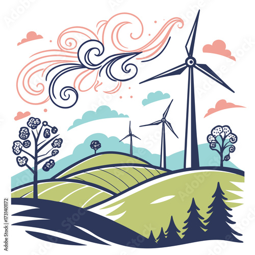 Stylized illustration of wind turbines generating clean energy on rolling green hills under a breezy sky with clouds and decorative swirls
