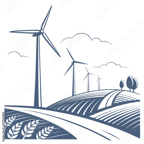 Stylized illustration of wind turbines generating clean energy in a rural landscape with rolling hills and fields