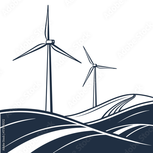 Stylized illustration of wind turbines standing tall on rolling hills under a clear sky