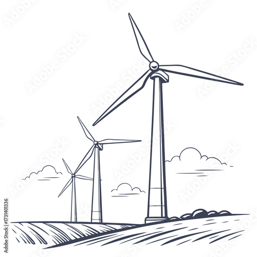 Stylized line drawing of three wind turbines standing in a field under a cloudy sky representing renewable energy generation