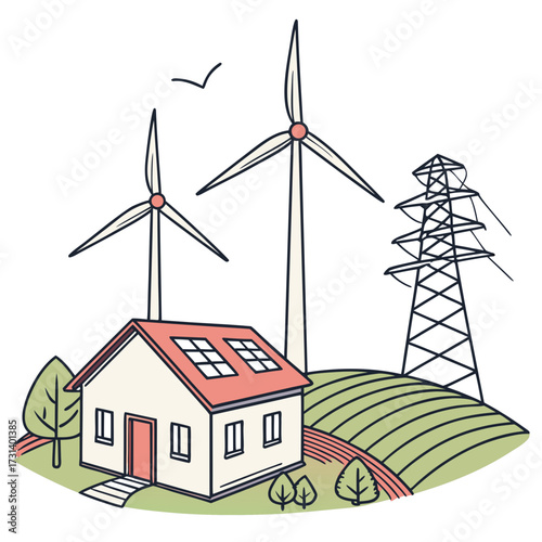 Sustainable energy concept with a house powered by solar panels and wind turbines near a power line