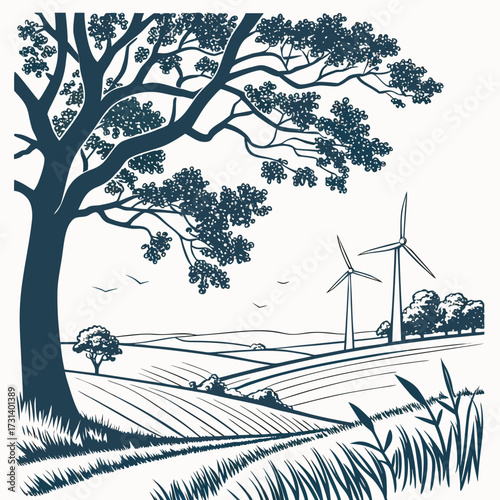 Stylized silhouette of a large tree overlooking rolling fields with wind turbines generating clean energy in the distance