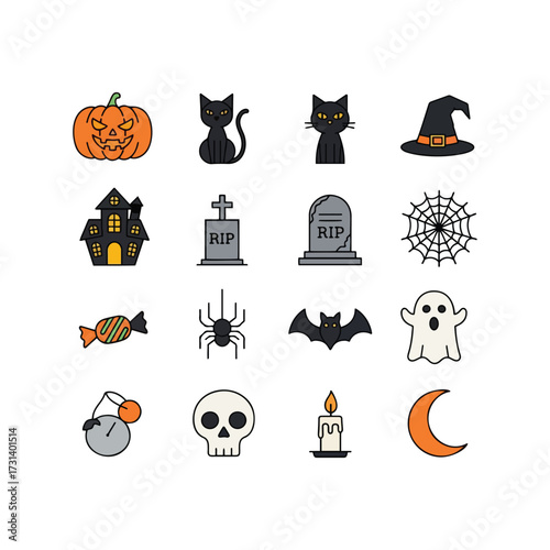 A collection of Halloween-themed icons, including pumpkins, cats, bats, and other spooky elements.