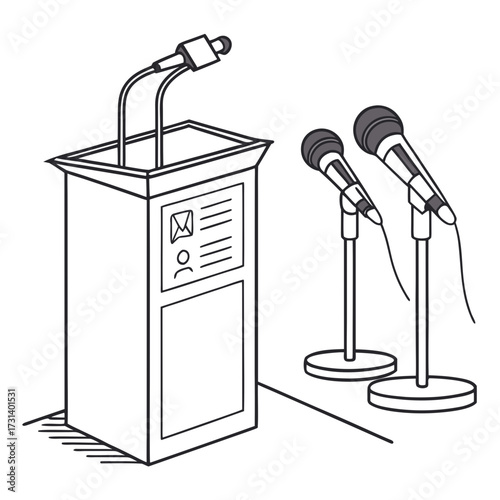 A podium with microphones and two additional microphones on stands ready for a speech or debate