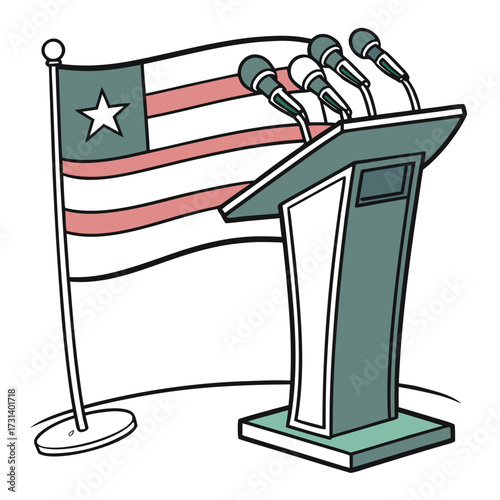 Liberian flag waving behind a podium with multiple microphones ready for a speech or press conference