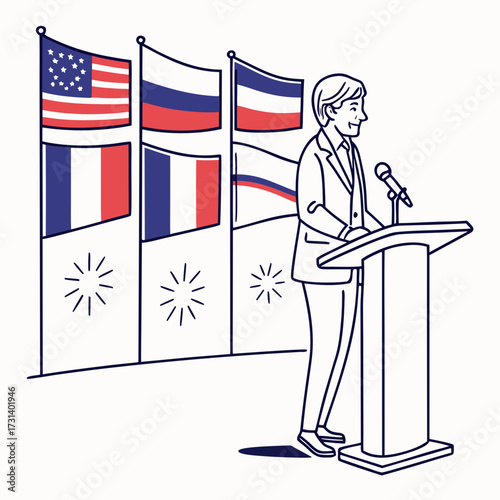 Politician speaking at podium with flags of united states france and russia behind them in a formal presentation