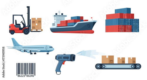 Logistics and Transportation Icons A comprehensive set of illustrations showing cargo ships, planes, forklifts, and package tracking for global delivery and supply chain solutions