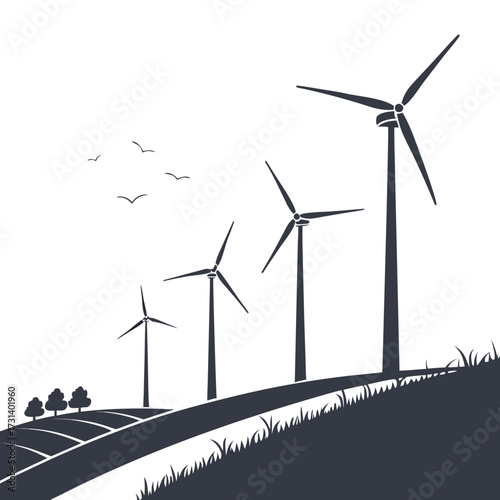 Silhouette of wind turbines on a grassy hill with birds flying in the sky and trees in the distance