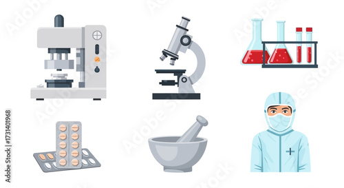 Healthcare and Scientific Laboratory Equipment and Supplies, Medical Research Tools, Pharmaceuticals, and Protective Gear in a Clean, Modern Illustration