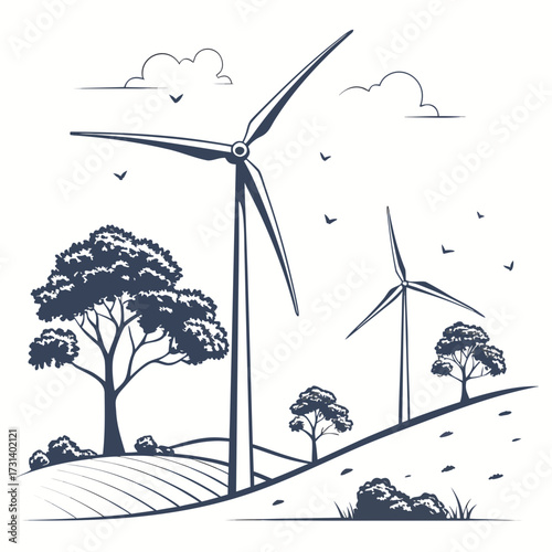Stylized illustration of wind turbines in a rural landscape with trees and rolling hills under a cloudy sky