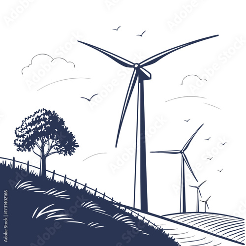 Stylized illustration of wind turbines on rolling hills with a lone tree and birds flying in the sky