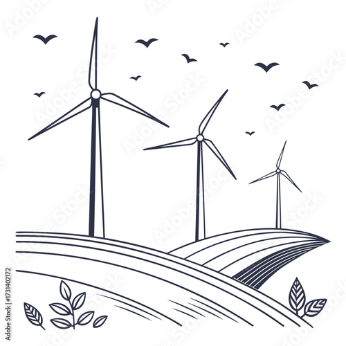 Stylized illustration of wind turbines on rolling hills with birds flying in a clear sky and foliage in the foreground