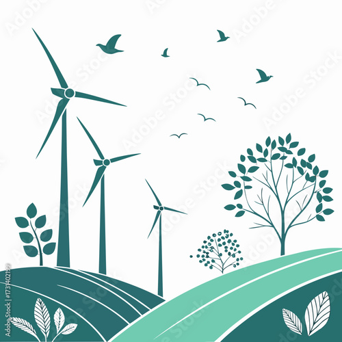 Stylized illustration of wind turbines on rolling hills with trees and birds flying in a clean environment