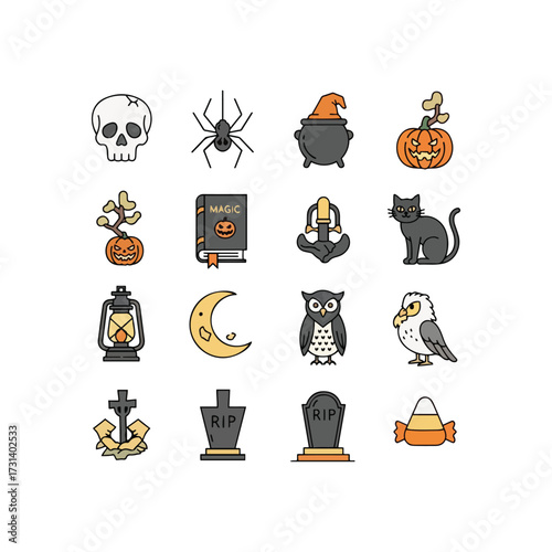 A collection of 16 flat design Halloween icons including a skull, spider, cauldron, pumpkin, and more.