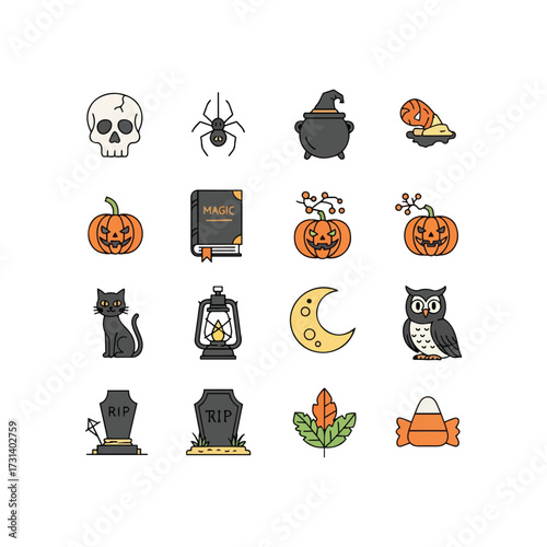 Halloween Symbols Pumpkin, Ghost, Witch, Bat Silhouettes, Skull Icons, Horror, Haunted House & Creepy Set, Scary Icons