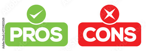 Pros and Cons Icon Set – Flat Design Stickers with Check Marks, Thumbs Up and Down Symbols for Reviews and Decision Making.