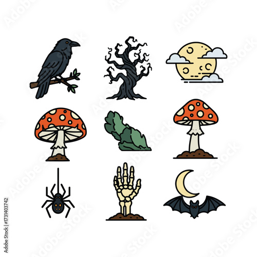 A collection of nine spooky Halloween-themed icons including a crow, dead tree, moon, mushrooms, spider, skeletal hand, and bat.
