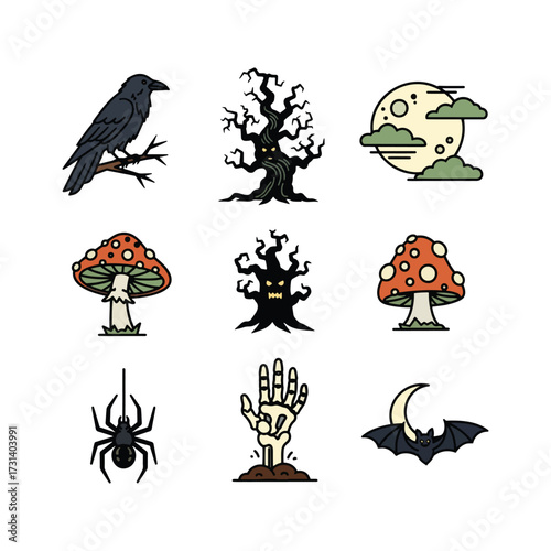 Halloween Symbols Spooky Set, Witch Icons, Bat Silhouettes, Horror Icons, Creepy Symbols, Scary Icons, Dark Icons, Icon Set