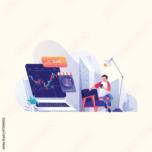 A person analyzing stock market charts on a laptop, relaxing with a phone.