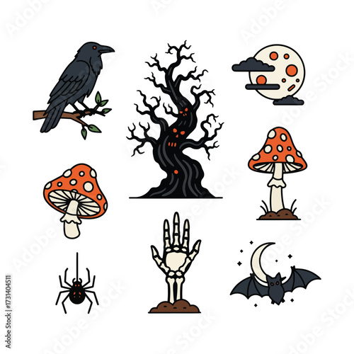 A collection of spooky Halloween-themed illustrations featuring a crow, haunted tree, moon, mushrooms, spider, skeleton hand, and bat.
