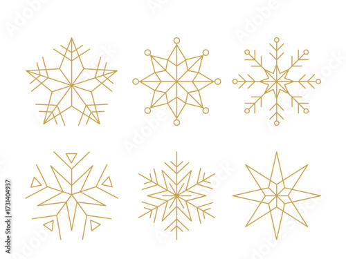 Set of six snowflake stars in a linear geometric style for Christmas and New Year's decor. Winter collection. Flat vector illustration isolated on white background.