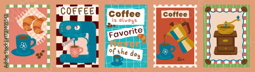 Coffee. A set of vintage illustrations on the theme of coffee, coffee pots and cups, croissants, coffee beans, coffee grinders. A bright, modern illustration in retro style for a kitchen or cafe, an