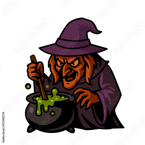 An old and evil witch brews a magical green potion in a cauldron. Vector Halloween illustration for print. Picture isolated on white background.