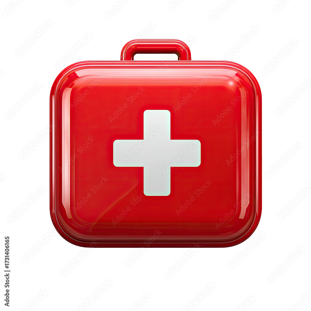 Obraz premium A glossy red rectangular first-aid kit with a prominent white cross