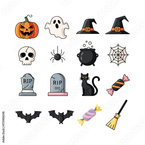Collection of various Halloween-themed illustrations, including pumpkins, ghosts, witch hats, and other spooky elements.