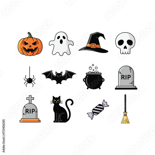 Halloween themed vector art with pumpkin, ghost, bat, cat, and more.