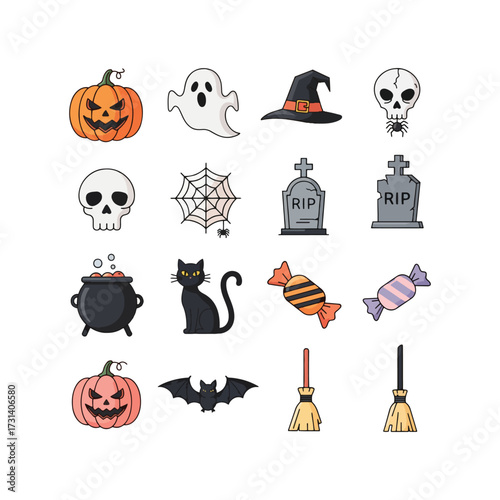 Spooky Halloween Symbols Icon Set Creepy Clip Art Featuring Pumpkin Icons, Ghost Icons, Witch Icons, Bat Silhouettes, and Skull Icons for a Haunted Horror Set
