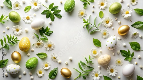 Easter eggs decorated with green, white, and gold patterns, surrounded by fresh green leaves and delicate white daisies, arranged on a clean white background