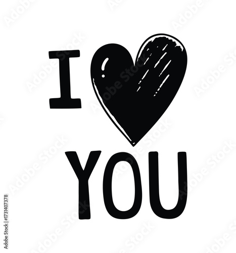 I love you text with a black heart symbol and hand drawn heart