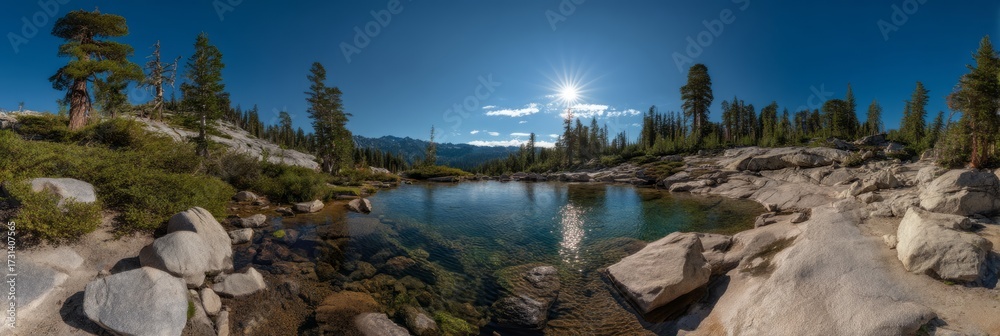 Fototapeta premium Stunning hdr panorama of serene nature landscape at clear lake