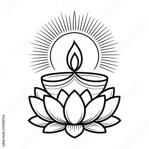 Lotus Flower with Diya Lamp and Flame, Spiritual Mandala Line Art Vector, Diwali Oil Lamp with Lotus and Radiant Flame, Black and White Vector Illustration, Sacred Lotus with Candle Flame.