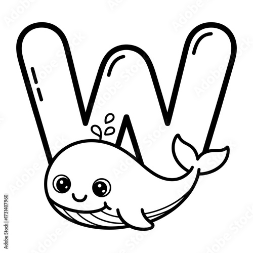 Letter W with Whale Cartoon, Alphabet Learning Coloring Page Vector for Kids, Cute Whale with Letter W, Fun ABC Animal Alphabet Vector Illustration, Alphabet W Whale Cartoon Character, Kids Education.