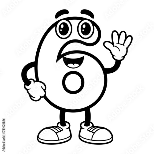 Number 6 Cartoon Character Coloring Page Vector for Kids Education, Six Funny Number Mascot Illustration Learning Worksheet Printable Design, Number 6 Coloring Book Page Educational Cartoon Vector.