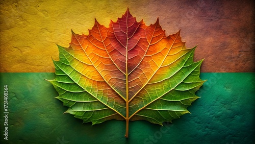 A vibrant autumn leaf displays a gradient of colors from green to red, set against a textured background of yellow and green