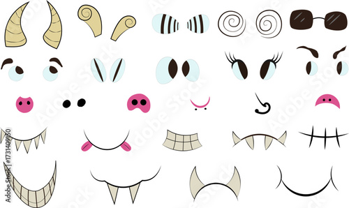Comprehensive monster face vector clip art kit featuring playful cartoon eyes, various horns, sharp teeth, snouts, and mouths for fun character creation and custom characters.
